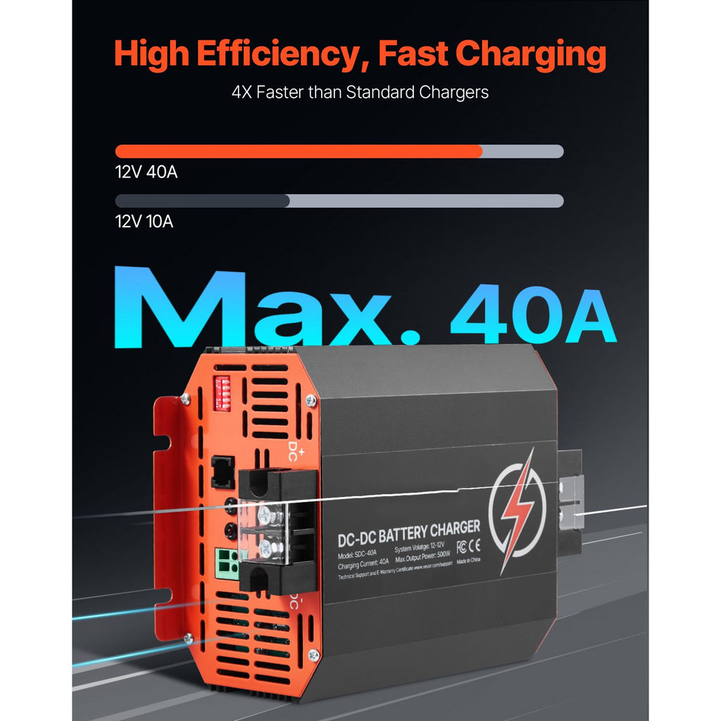 12V 40A DC to DC Battery Charger, 500W, On-Board Battery Charger for Lead-Acid, Lithium, AGM, GEL, and Flooded Batteries, Smart Multi-Stage Charging, for RVs, Commercial Vehicles, Boats, Yachts