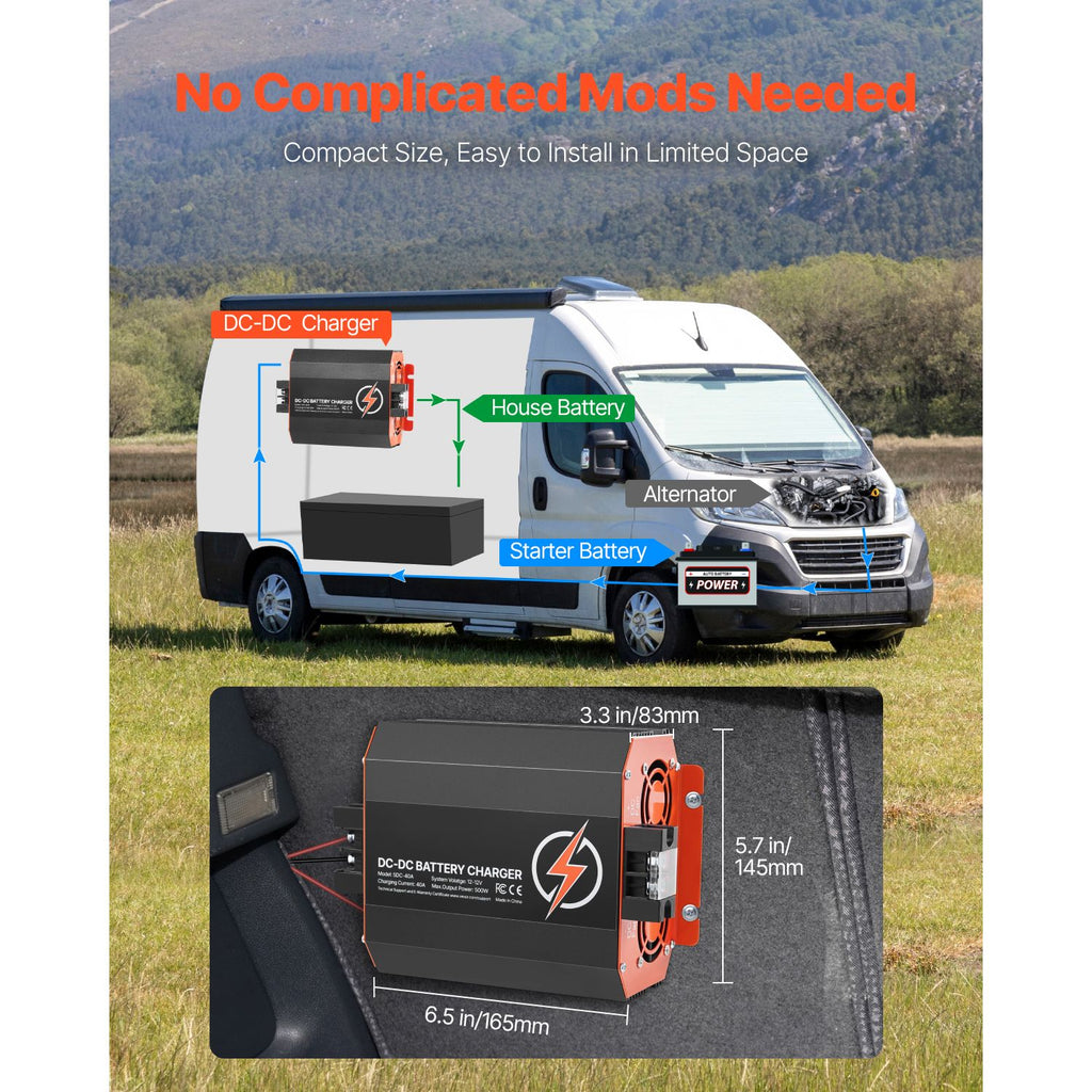 12V 40A DC to DC Battery Charger, 500W, On-Board Battery Charger for Lead-Acid, Lithium, AGM, GEL, and Flooded Batteries, Smart Multi-Stage Charging, for RVs, Commercial Vehicles, Boats, Yachts
