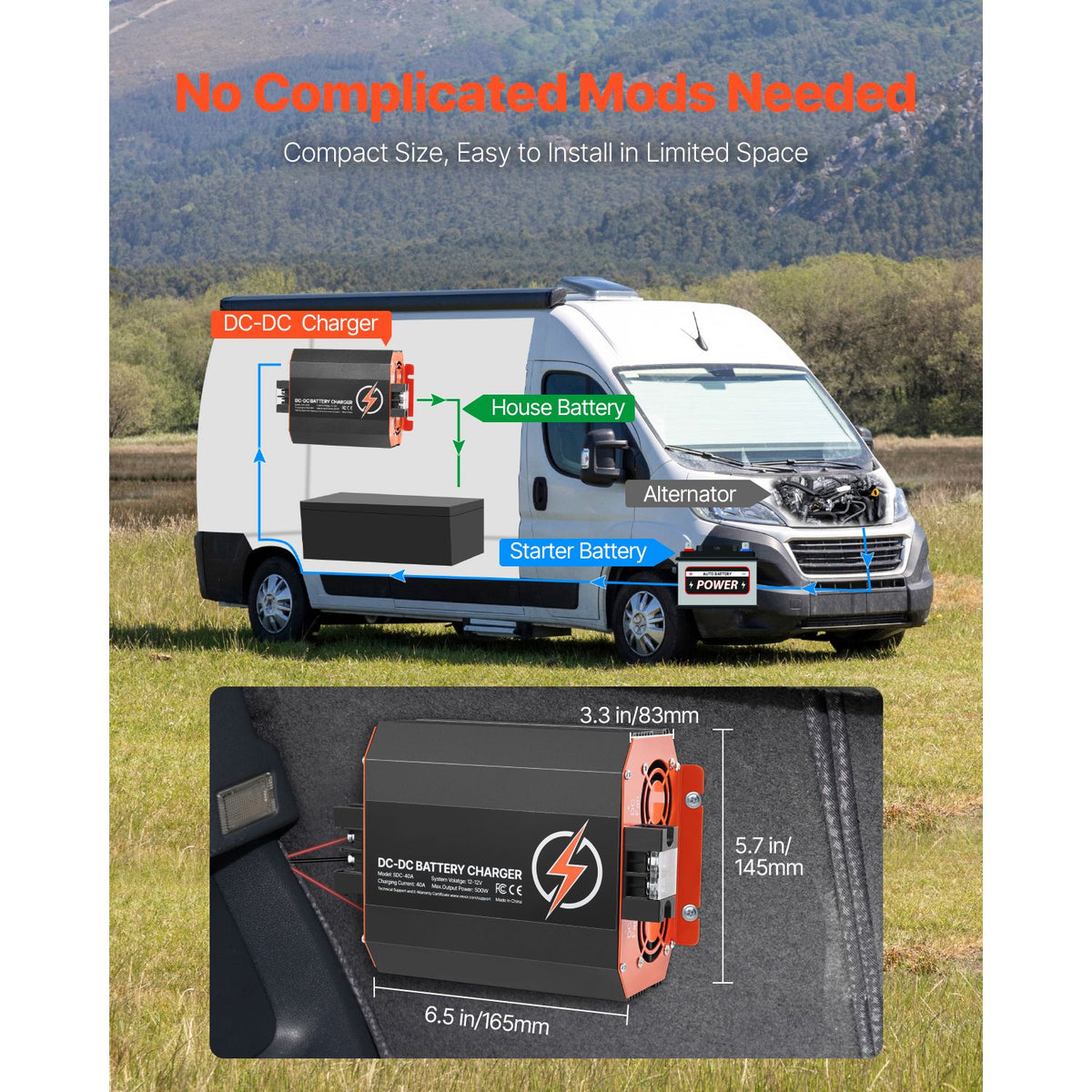 12V 40A DC to DC Battery Charger, 500W, On-Board Battery Charger for Lead-Acid, Lithium, AGM, GEL, and Flooded Batteries, Smart Multi-Stage Charging, for RVs, Commercial Vehicles, Boats, Yachts
