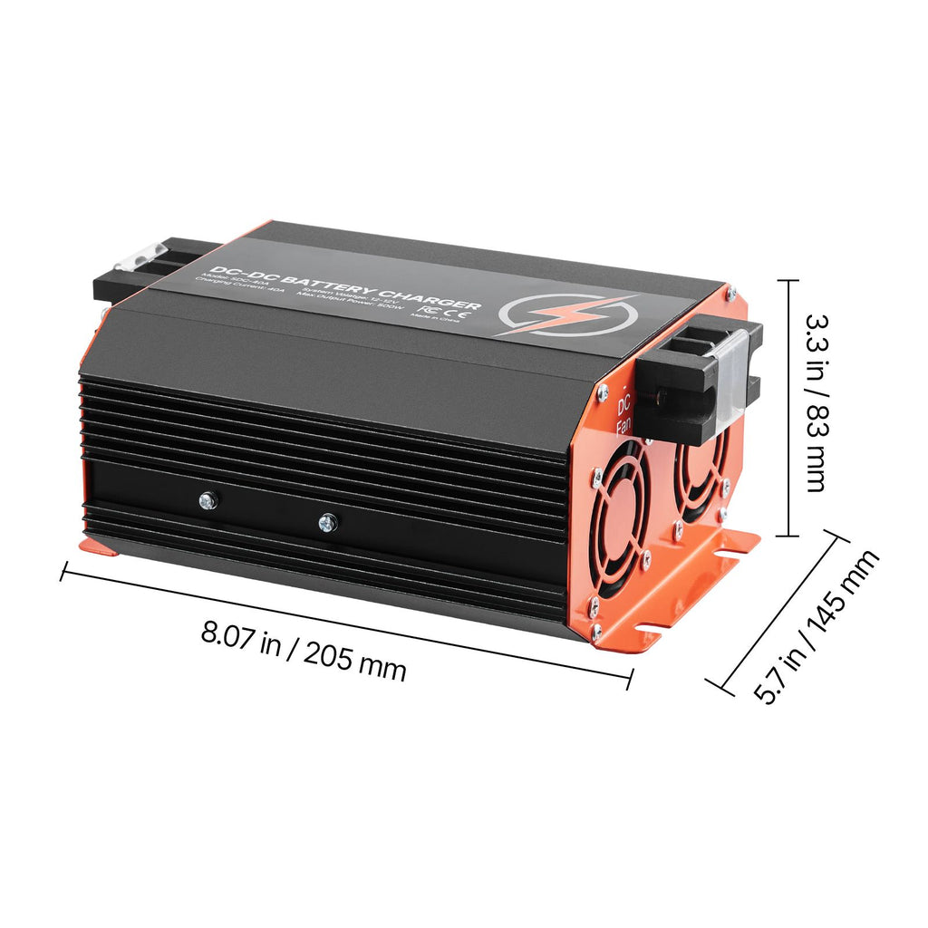 12V 40A DC to DC Battery Charger, 500W, On-Board Battery Charger for Lead-Acid, Lithium, AGM, GEL, and Flooded Batteries, Smart Multi-Stage Charging, for RVs, Commercial Vehicles, Boats, Yachts