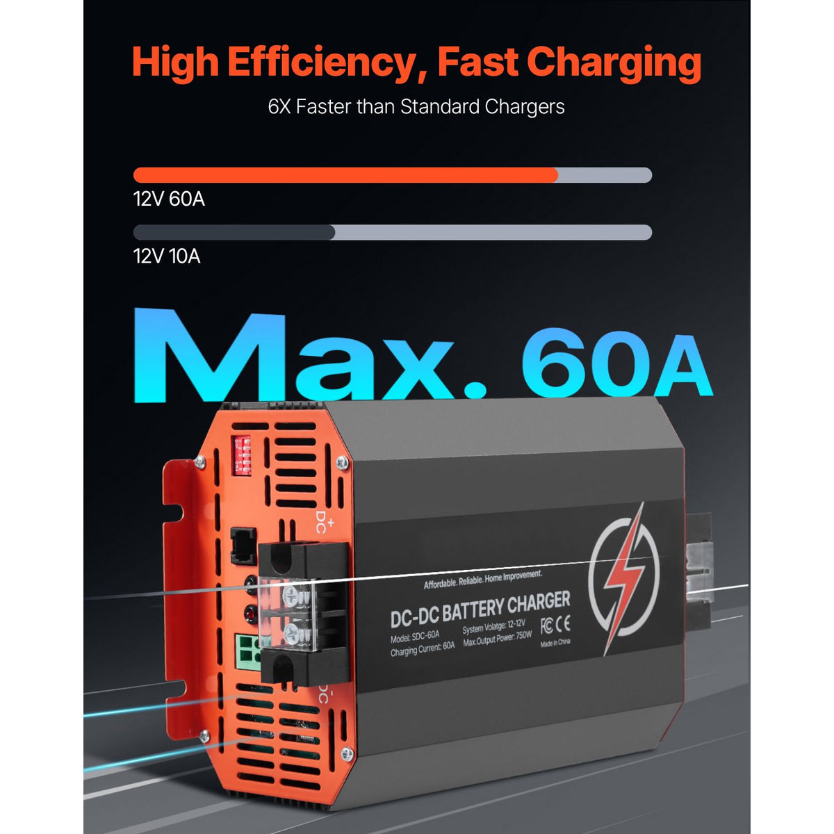 12V 60A DC to DC Battery Charger, 750W, On-Board Battery Charger for Lead-Acid, Lithium, AGM, GEL, and Flooded Batteries, Smart Multi-Stage Charging, for RVs, Commercial Vehicles, Boats, Yachts
