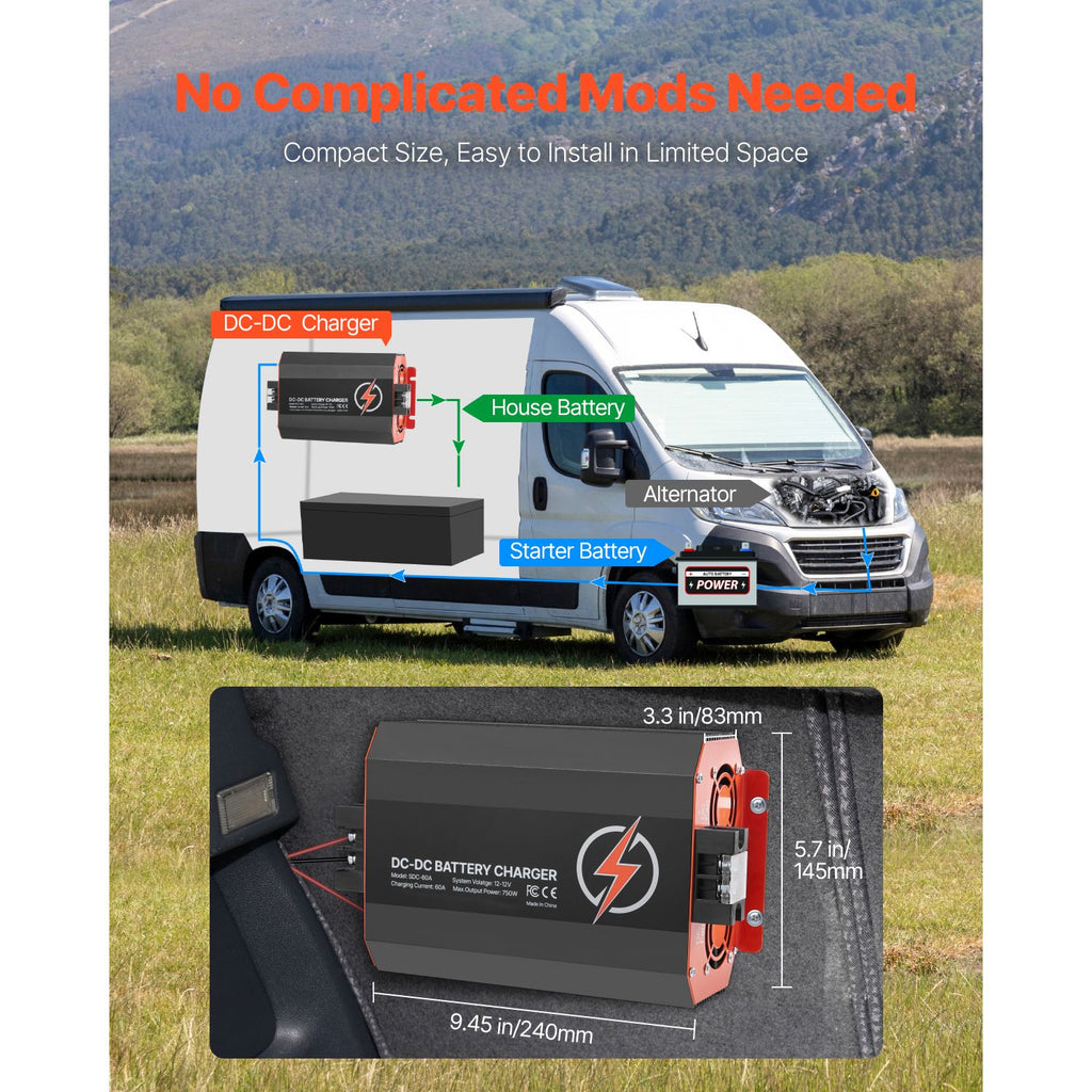 12V 60A DC to DC Battery Charger, 750W, On-Board Battery Charger for Lead-Acid, Lithium, AGM, GEL, and Flooded Batteries, Smart Multi-Stage Charging, for RVs, Commercial Vehicles, Boats, Yachts