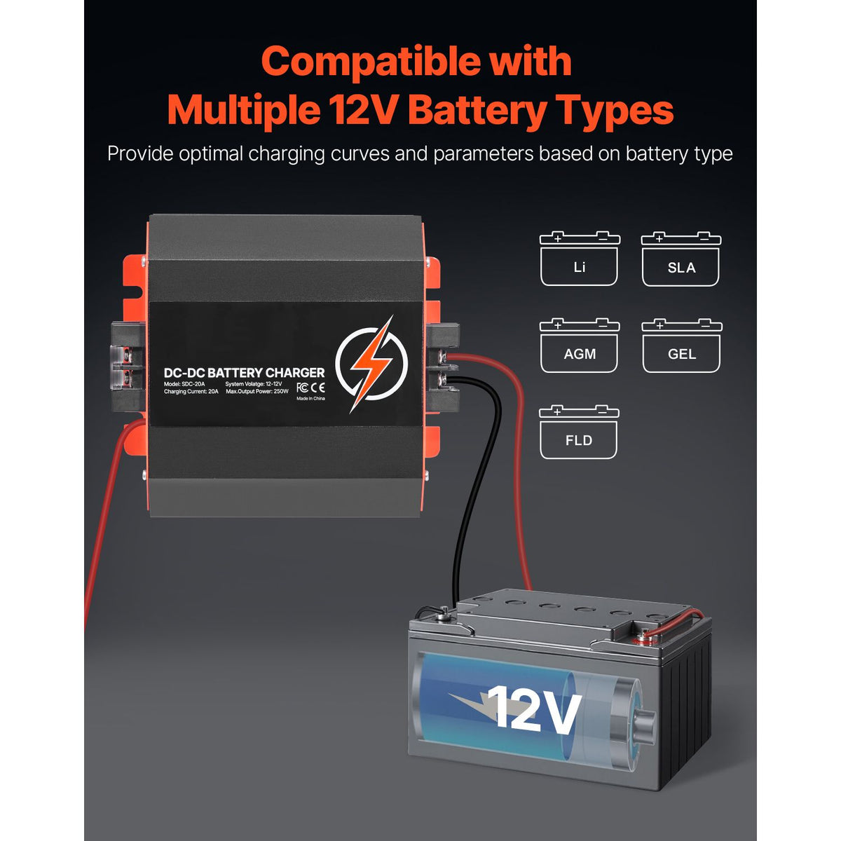 12V 20A DC to DC Charger Battery Charger 250W for Lead-Acid Lithium AGM