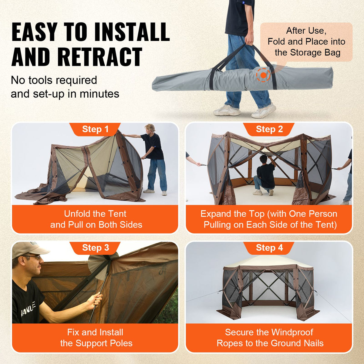Pop Up Gazebo Tent, Pop-Up Screen Tent 6 Sided Canopy Sun Shelter with 6 Removable Privacy Wind Cloths & Mesh Windows, 11.5x11.5FT Quick Set Screen Tent with Mosquito Netting, Brown
