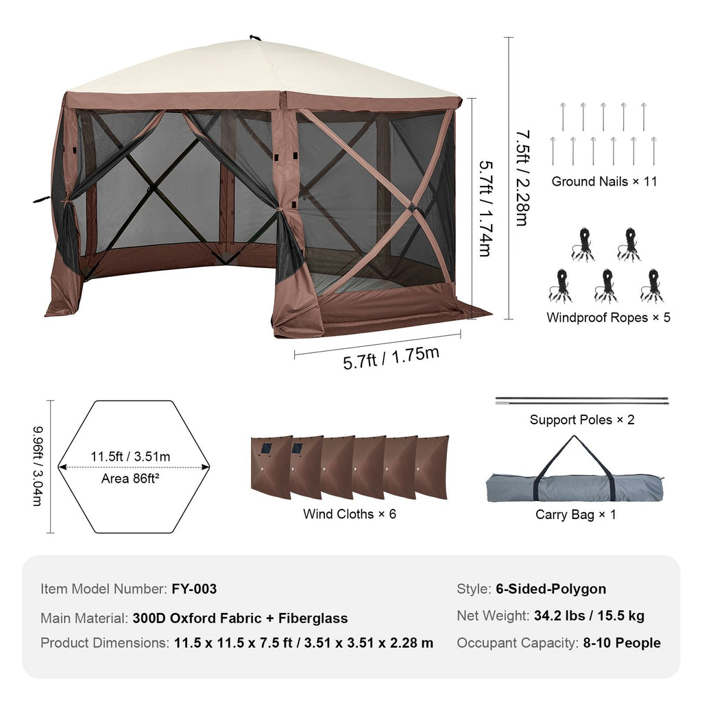 Pop Up Gazebo Tent, Pop-Up Screen Tent 6 Sided Canopy Sun Shelter with 6 Removable Privacy Wind Cloths & Mesh Windows, 11.5x11.5FT Quick Set Screen Tent with Mosquito Netting, Brown