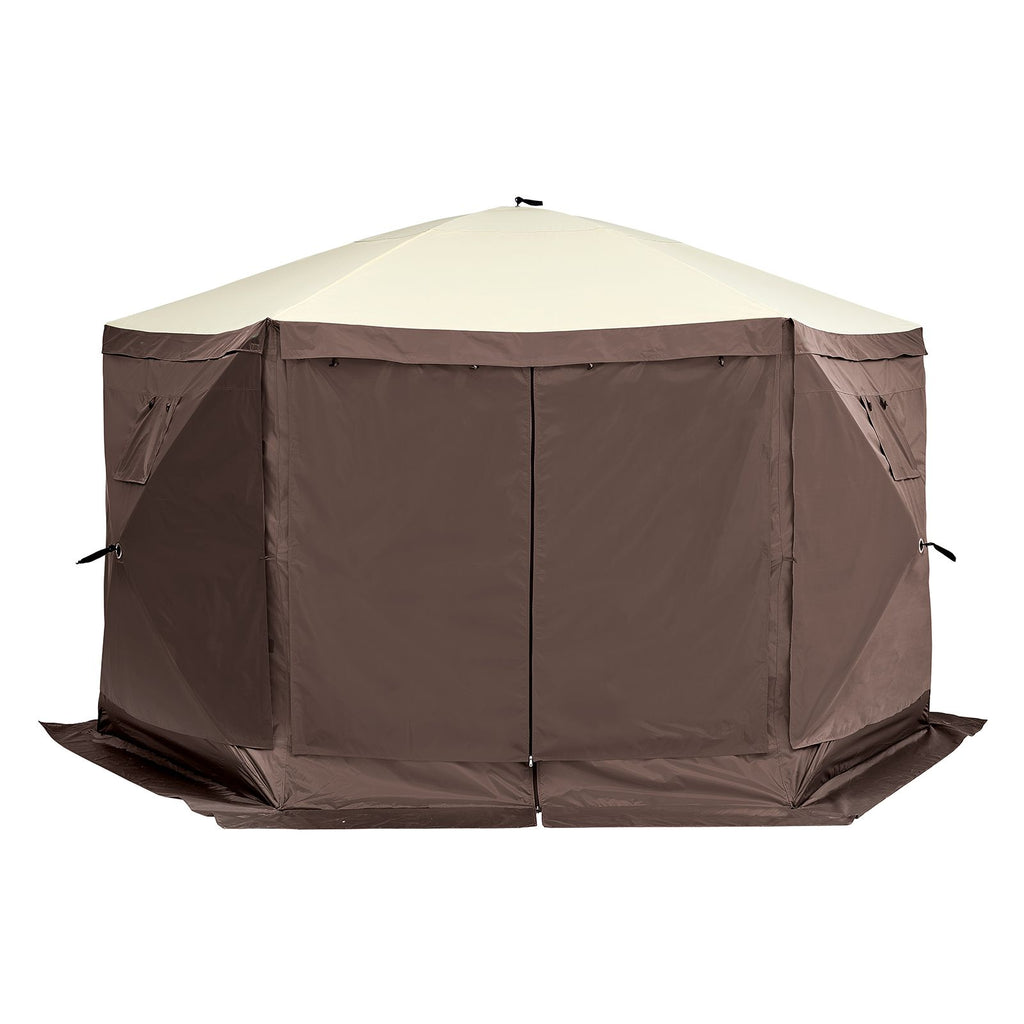 Pop Up Gazebo Tent, Pop-Up Screen Tent 6 Sided Canopy Sun Shelter with 6 Removable Privacy Wind Cloths & Mesh Windows, 11.5x11.5FT Quick Set Screen Tent with Mosquito Netting, Brown