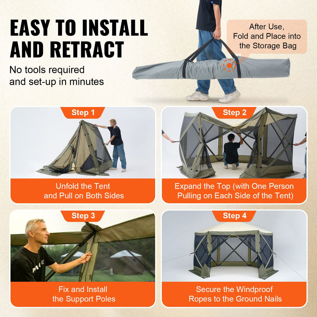 Pop Up Gazebo Tent, Pop-Up Screen Tent 6 Sided Canopy Sun Shelter with 6 Removable Privacy Wind Cloths & Mesh Windows, 12x12FT Quick Set Screen Tent with Mosquito Netting, Army Green