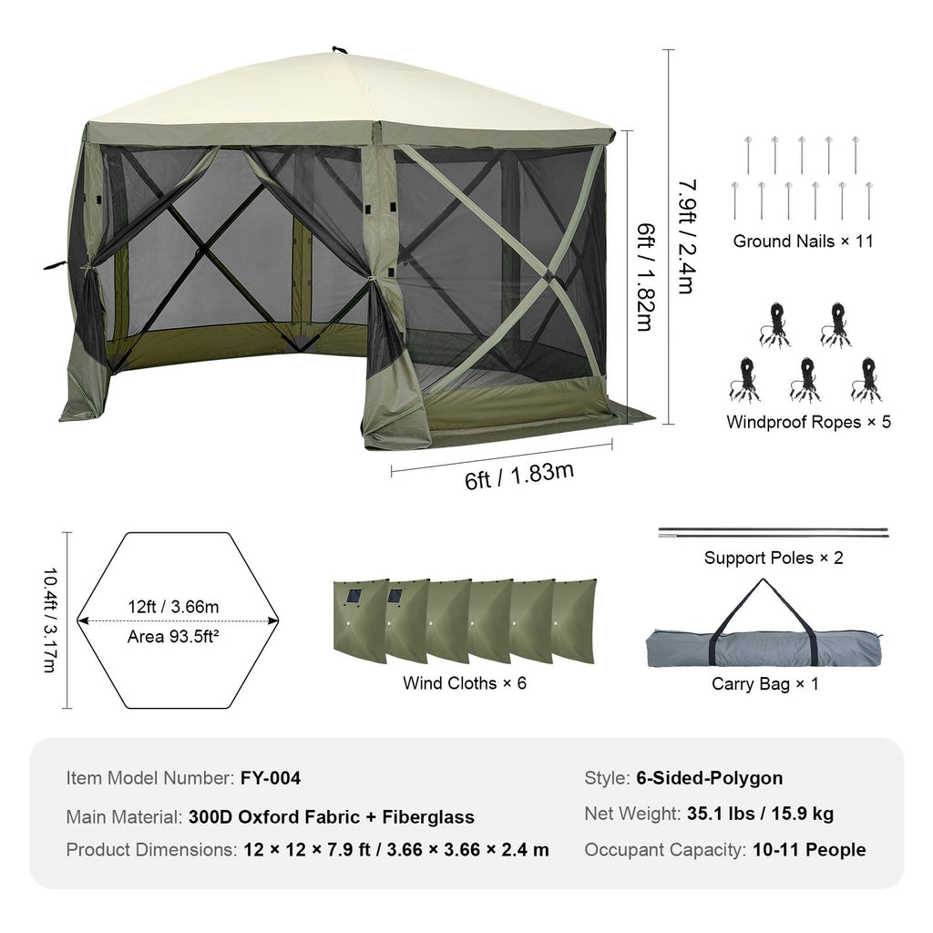 Pop Up Gazebo Tent, Pop-Up Screen Tent 6 Sided Canopy Sun Shelter with 6 Removable Privacy Wind Cloths & Mesh Windows, 12x12FT Quick Set Screen Tent with Mosquito Netting, Army Green
