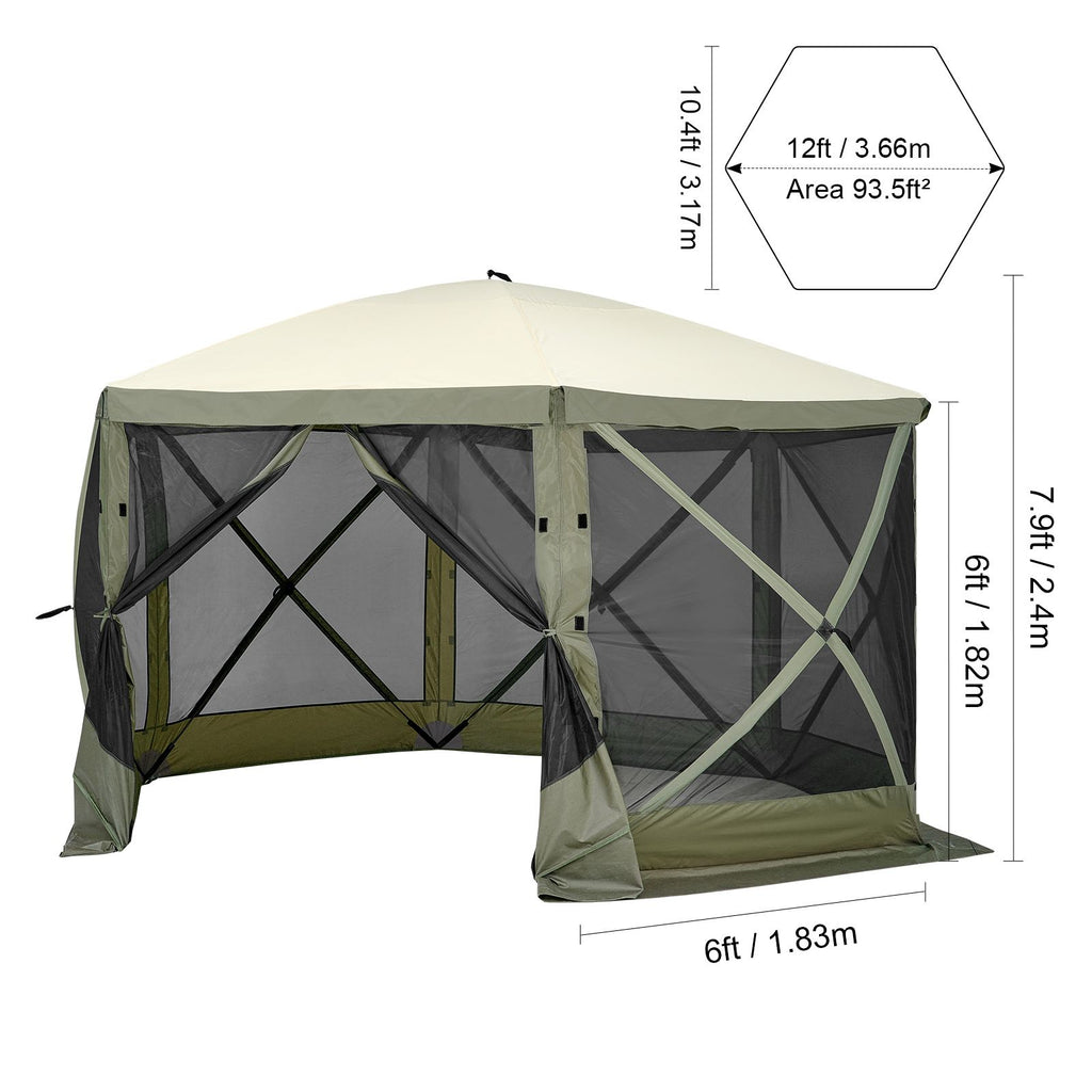Pop Up Gazebo Tent, Pop-Up Screen Tent 6 Sided Canopy Sun Shelter with 6 Removable Privacy Wind Cloths & Mesh Windows, 12x12FT Quick Set Screen Tent with Mosquito Netting, Army Green