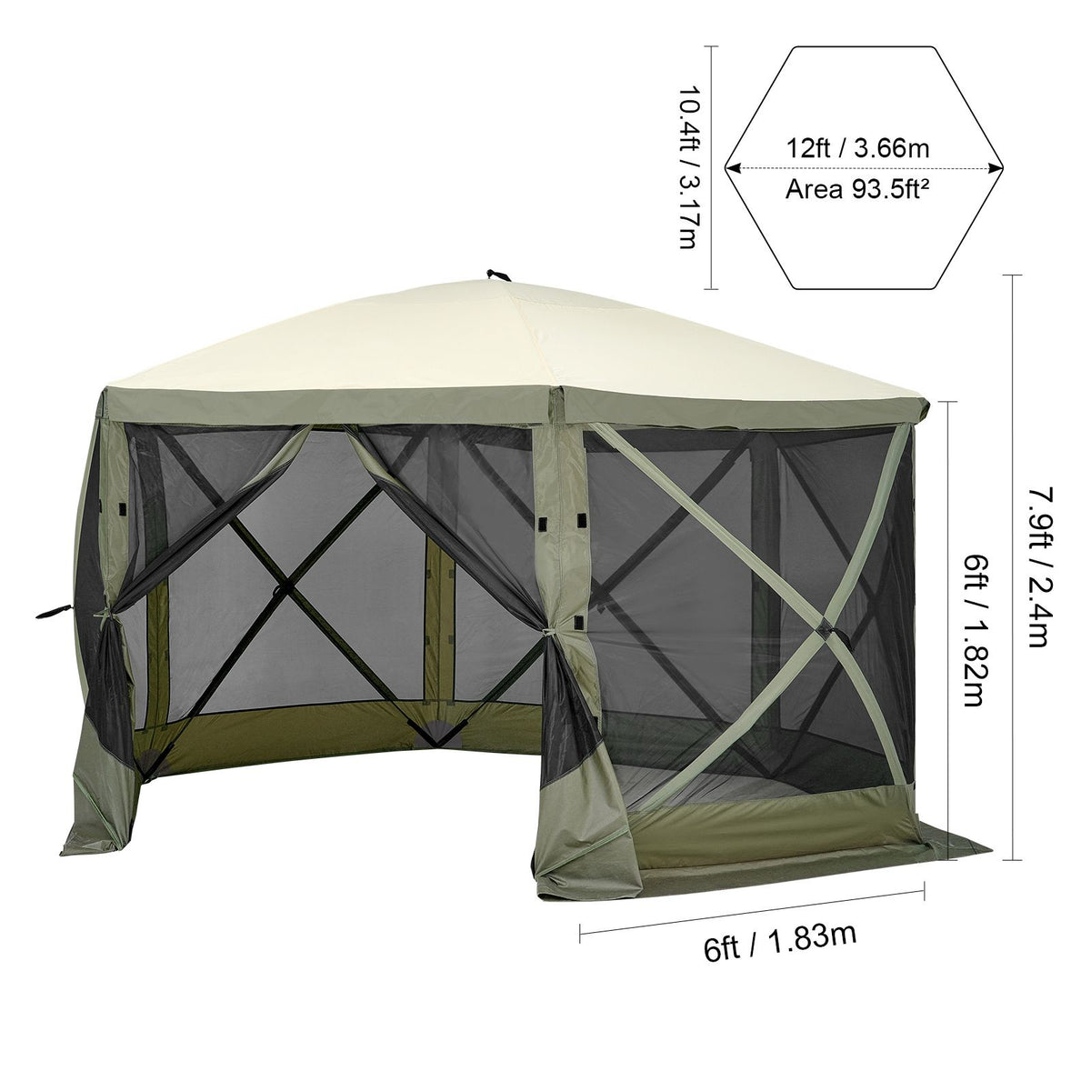 Pop Up Gazebo Tent, Pop-Up Screen Tent 6 Sided Canopy Sun Shelter with 6 Removable Privacy Wind Cloths & Mesh Windows, 12x12FT Quick Set Screen Tent with Mosquito Netting, Army Green