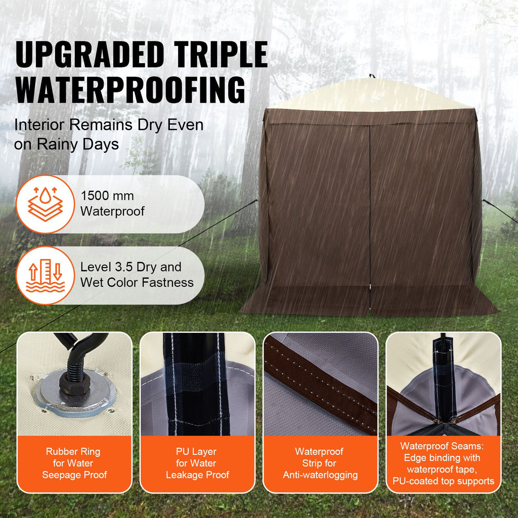 Pop Up Gazebo Tent, Pop-Up Screen Tent 4 Sided Canopy Sun Shelter with 4 Removable Privacy Wind Cloths & Mesh Windows, 6x6FT Quick Set Screen Tent with Mosquito Netting, Brown