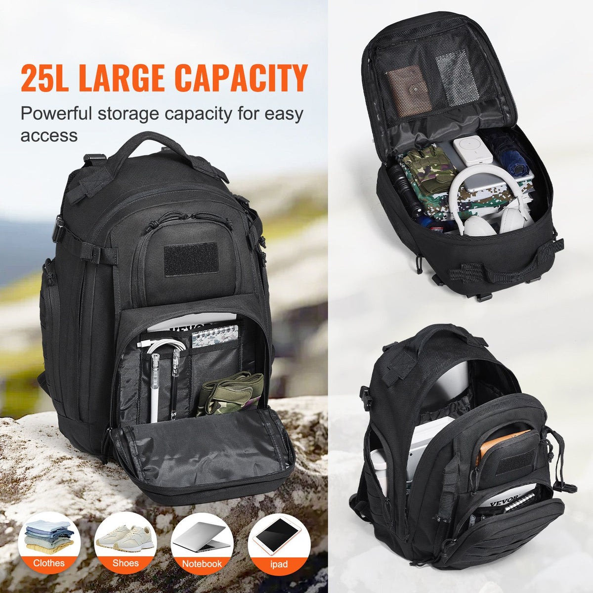 Tactical Backpack 25L Military Backpack with Molle Mode & Sponge Pad Black