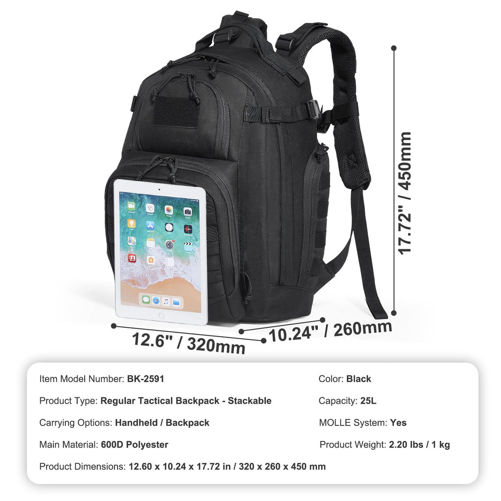 Tactical Backpack 25L Military Backpack with Molle Mode & Sponge Pad Black