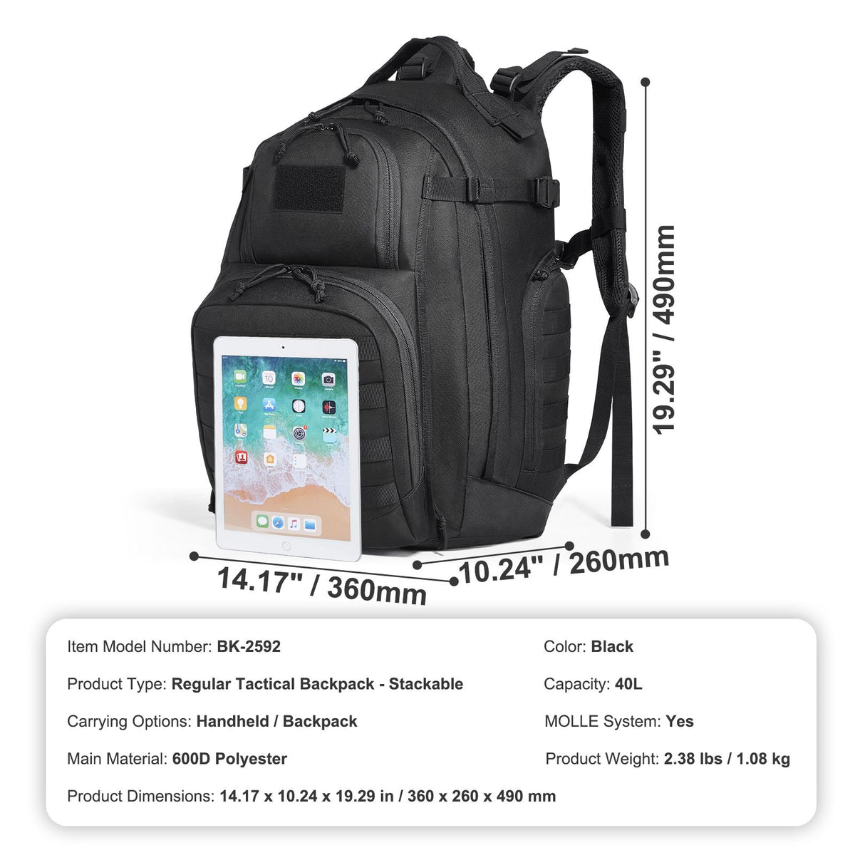 Tactical Backpack 40L Military Backpack with Molle Mode & Sponge Pad Black
