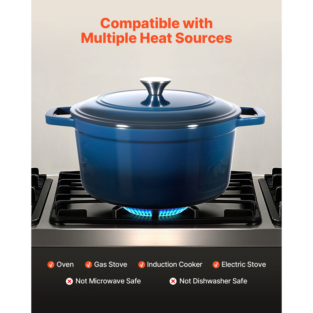Enameled Cast Iron Dutch Oven, 5.7L Pot with Lid and Dual Handles, Heavy-Duty Durable Cookware Pan, Oven Induction Compatible up to 260 ℃, for Braising, Stews, Roasting, Bread Baking, Blue