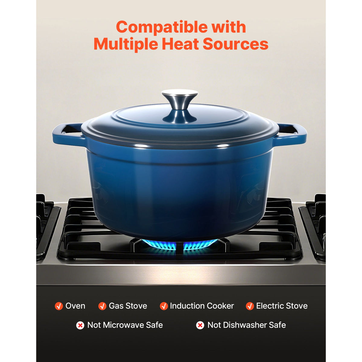 Enameled Cast Iron Dutch Oven, 5.7L Pot with Lid and Dual Handles, Heavy-Duty Durable Cookware Pan, Oven Induction Compatible up to 260 ℃, for Braising, Stews, Roasting, Bread Baking, Blue