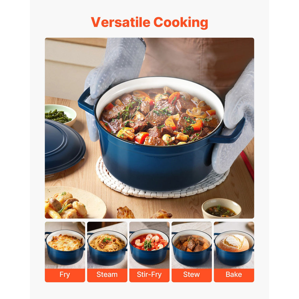 Enameled Cast Iron Dutch Oven, 5.7L Pot with Lid and Dual Handles, Heavy-Duty Durable Cookware Pan, Oven Induction Compatible up to 260 ℃, for Braising, Stews, Roasting, Bread Baking, Blue
