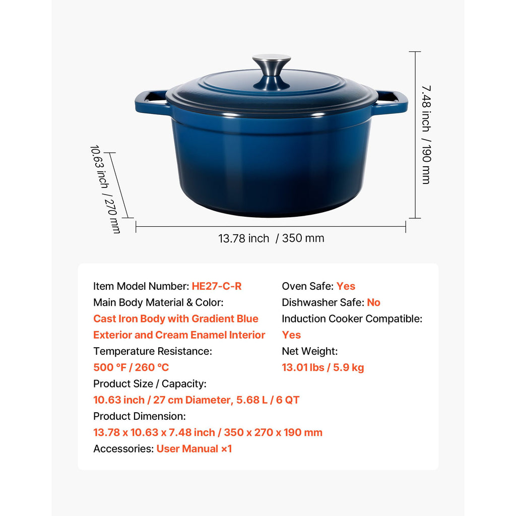 Enameled Cast Iron Dutch Oven, 5.7L Pot with Lid and Dual Handles, Heavy-Duty Durable Cookware Pan, Oven Induction Compatible up to 260 ℃, for Braising, Stews, Roasting, Bread Baking, Blue