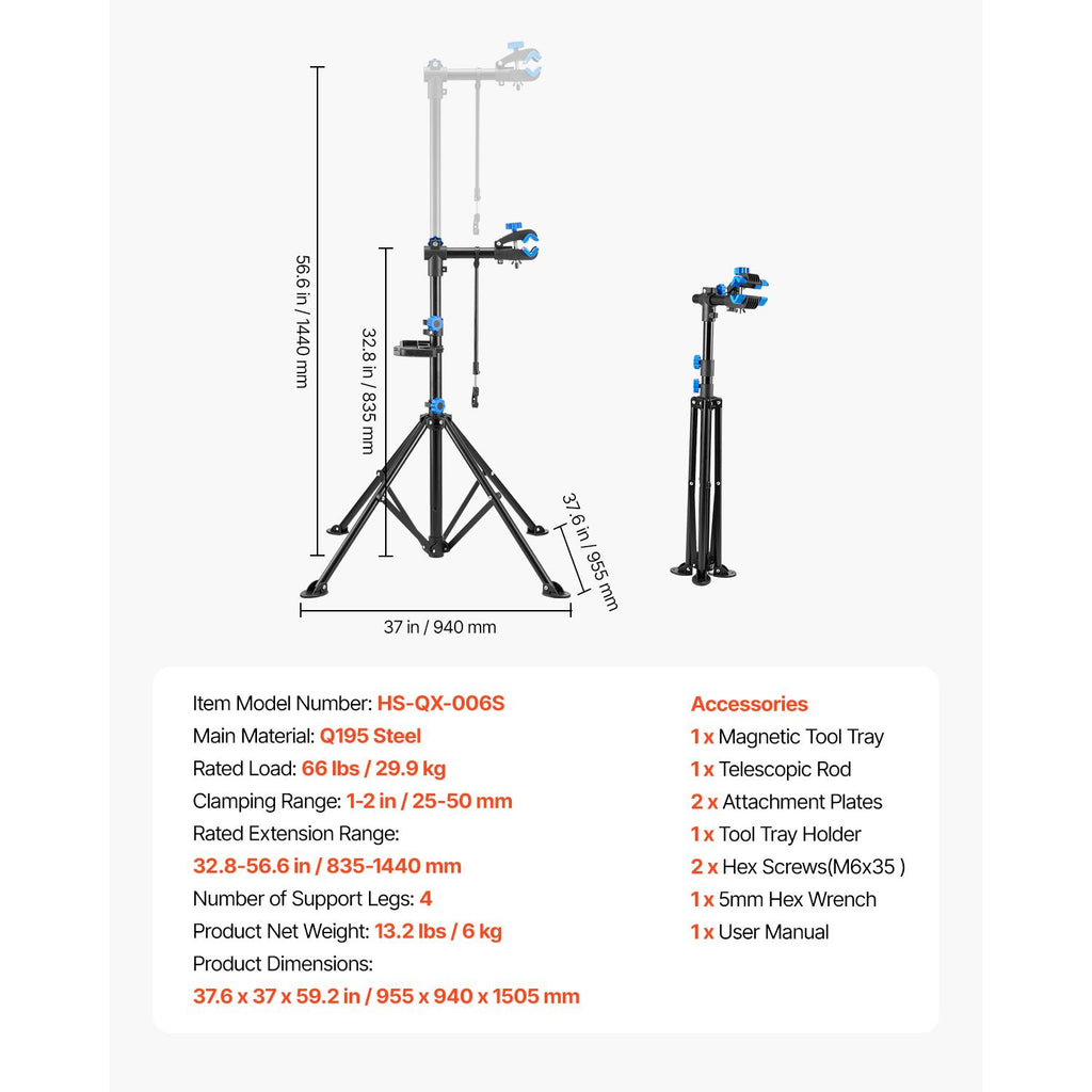 Bike Repair Stand, 29.9 kg Heavy-duty Bicycle Work Stand with 835-1440 mm Adjustable Height & Magnetic Tool Tray, Foldable Bicycle Maintenance Rack, Shop Home Mechanics for Mountain & Road Bike