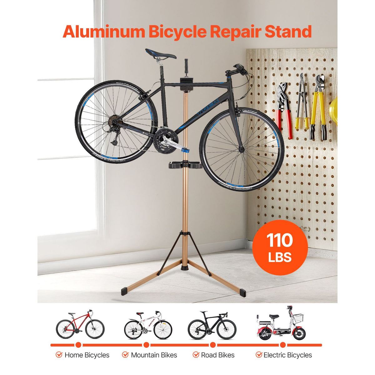 Bike Repair Stand, Max. 49.9 kg Heavy-duty Bicycle Work Stand with 1025-1510 mm Adjustable Height & Large Tool Tray, Foldable Ebike Maintenance Rack, Shop Home Mechanics for Mountain Road Bike