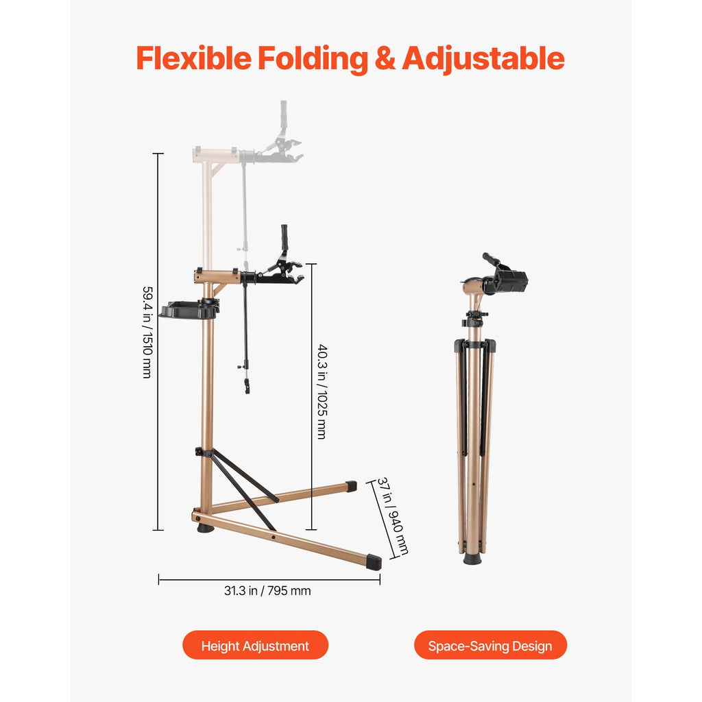 Bike Repair Stand, Max. 49.9 kg Heavy-duty Bicycle Work Stand with 1025-1510 mm Adjustable Height & Large Tool Tray, Foldable Ebike Maintenance Rack, Shop Home Mechanics for Mountain Road Bike