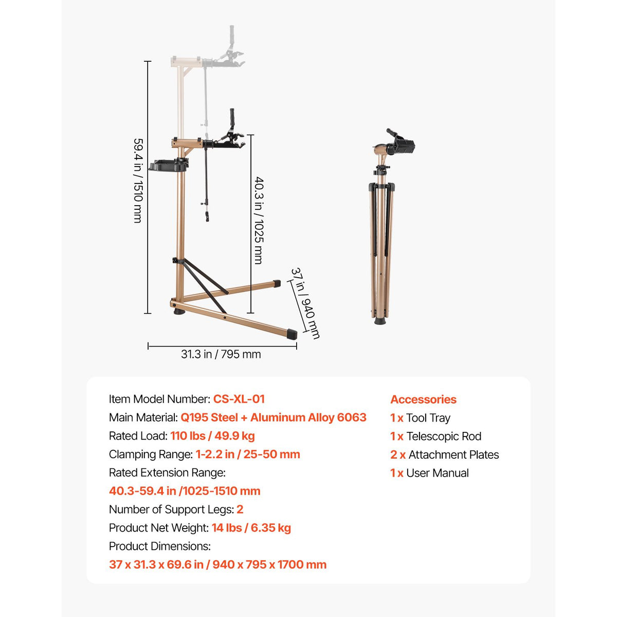 Bike Repair Stand, Max. 49.9 kg Heavy-duty Bicycle Work Stand with 1025-1510 mm Adjustable Height & Large Tool Tray, Foldable Ebike Maintenance Rack, Shop Home Mechanics for Mountain Road Bike