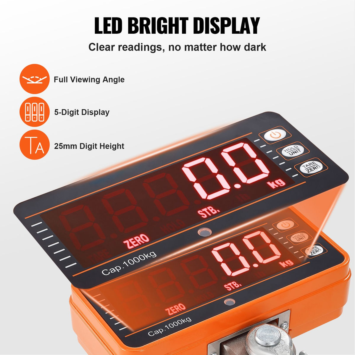 Digital Crane Scale, 2200 lbs/1000 kg, Industrial Heavy Duty Hanging Scale with Remote Control, Cast Aluminum Case & LED Screen, High Precision for Construction, Factory, Farm, Hunting (Orange)