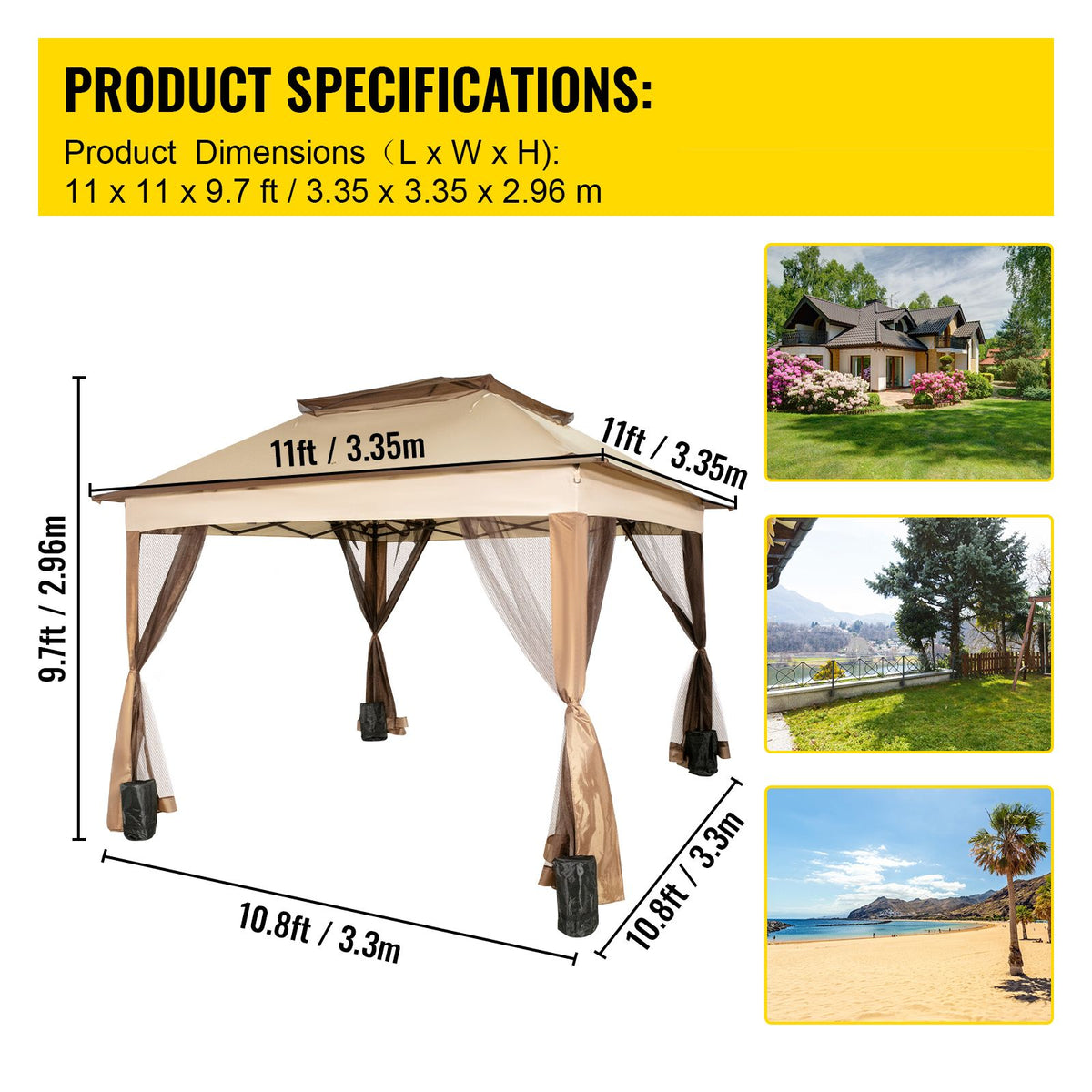 Outdoor Canopy Gazebo Tent, Portable Canopy Shelter with 11\'x11\' Large Shade Space for Party, Backyard, Patio Lawn and Garden, 4 Sandbags, Carrying Bag and Netting Included, Brown