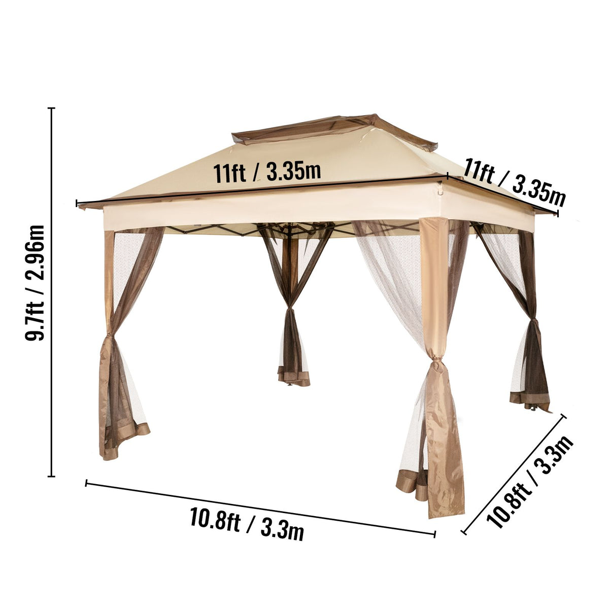Outdoor Canopy Gazebo Tent, Portable Canopy Shelter with 11\'x11\' Large Shade Space for Party, Backyard, Patio Lawn and Garden, 4 Sandbags, Carrying Bag and Netting Included, Brown