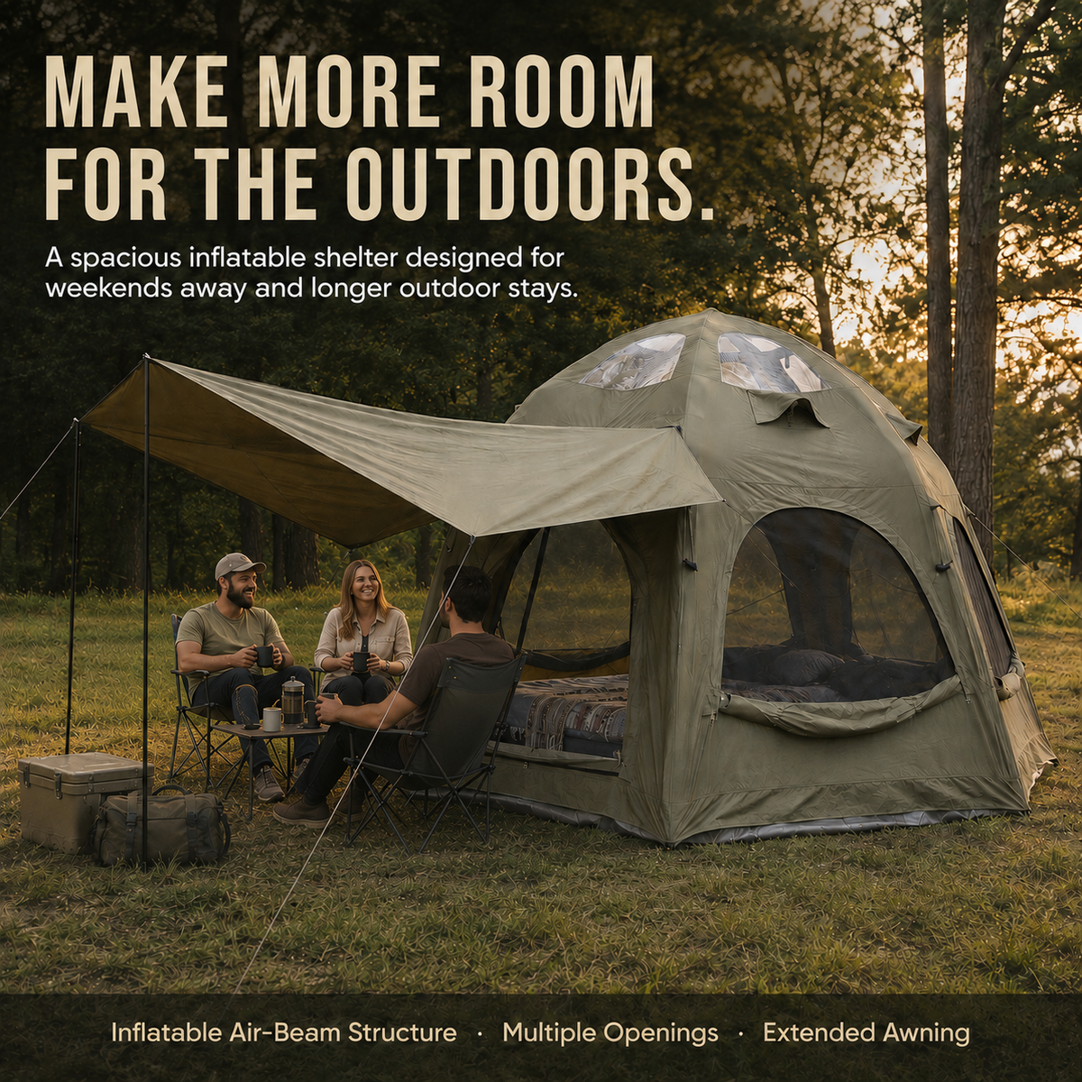 Weisshorn 4 Person Inflatable Camping Tent TC Canvas Sun Shade Rain-Ready